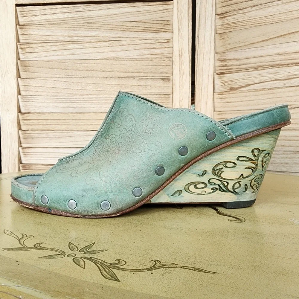 Neosens EU 38 US 7.5 8 Anthropologie Green Leather Wedge Sandals Mules Boho